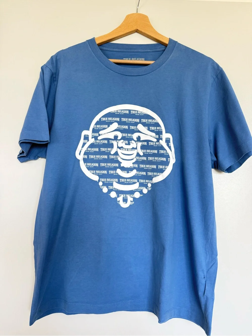 True Religion Blue Short-Sleeve Logo Tee with White Buddha Graphic